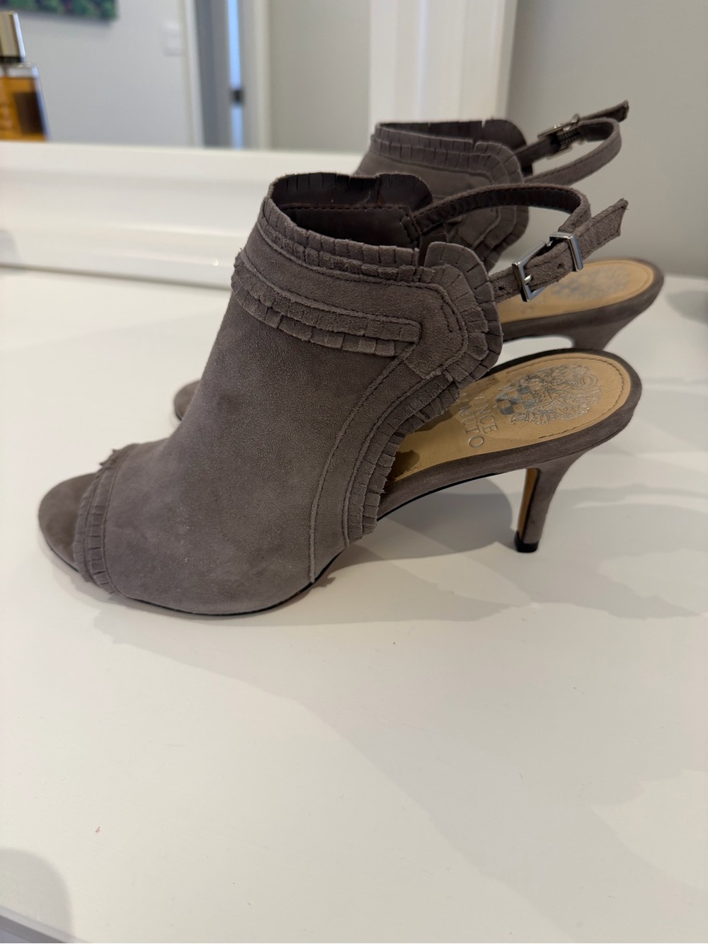 Vince Camuto Taupe Suede Peep-Toe Slingback Heels